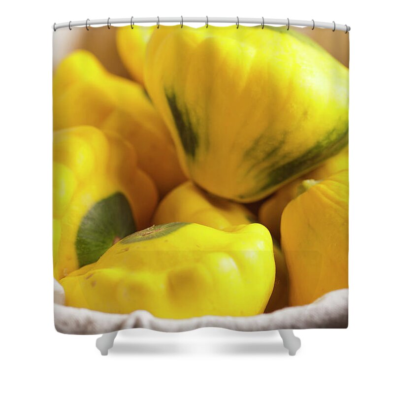 Yellow Shower Curtain featuring the photograph Whole Pettypan Squash #1 by Brian Yarvin