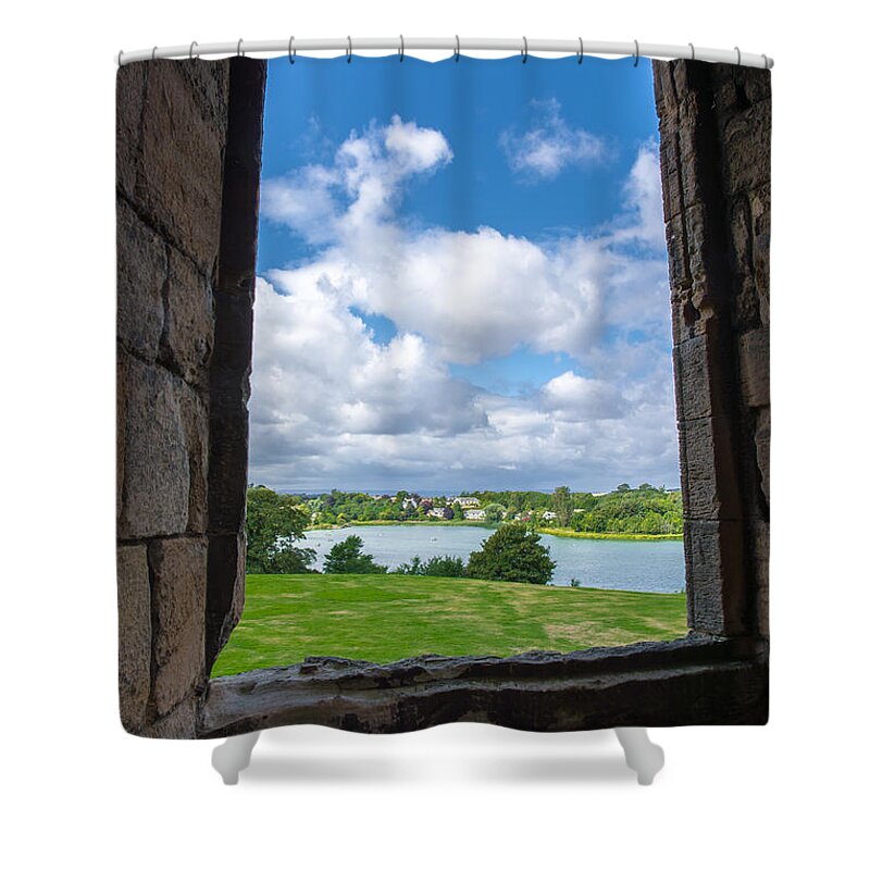 Scotland Shower Curtain featuring the photograph Window in Linlithgow Palace with view to a beautiful scottish landscape #2 by Andreas Berthold