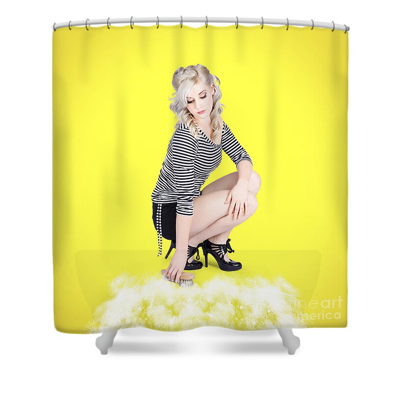 Cleaner Shower Curtain featuring the photograph Woman washing and cleaning a floor #1 by Jorgo Photography