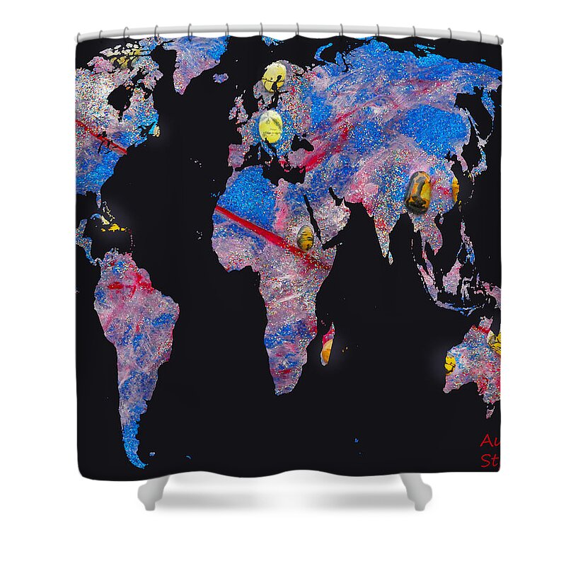 Augusta Stylianou Shower Curtain featuring the digital art World Map and Aries Constellation by Augusta Stylianou
