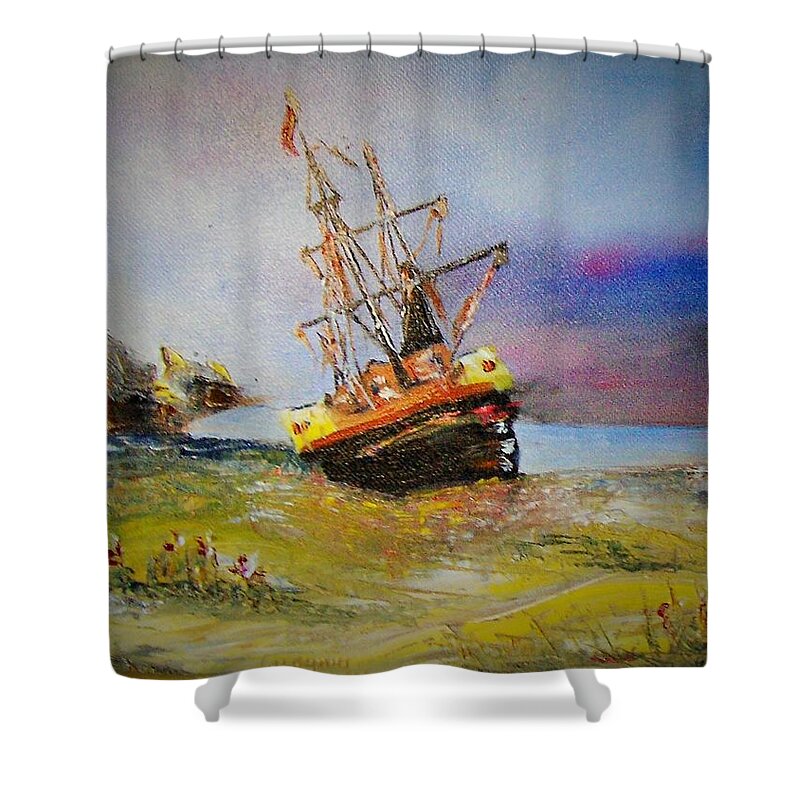 Art Shower Curtain featuring the painting Wreck by Ryszard Ludynia