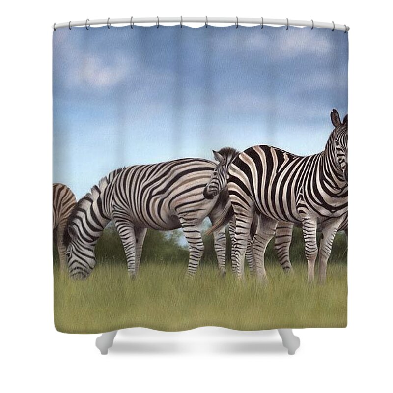 Zebras Shower Curtain featuring the painting Zebras Painting by Rachel Stribbling