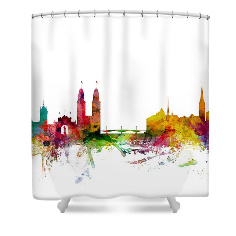 Zurich Shower Curtain featuring the digital art Zurich Switzerland Skyline by Michael Tompsett
