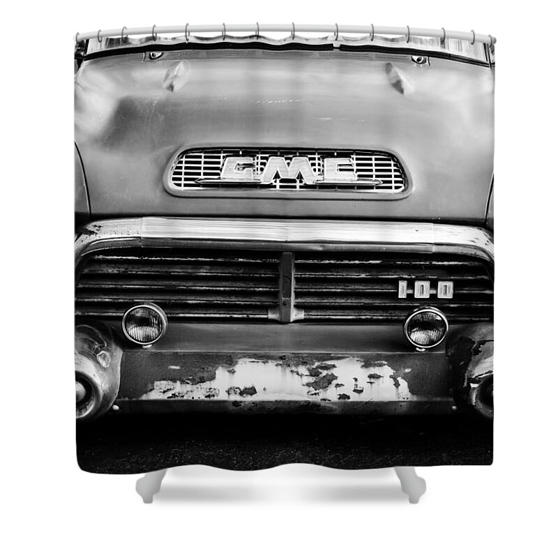 1957 Gmc V8 Pickup Truck Grille Emblem Shower Curtain featuring the photograph 1957 GMC V8 Pickup Truck Grille Emblem #10 by Jill Reger