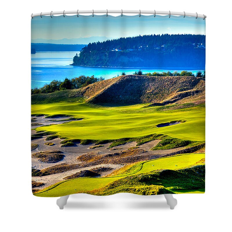 Landscapes Shower Curtain featuring the photograph #14 at Chambers Bay Golf Course - Location of the 2015 U.S. Open Tournament #14 by David Patterson