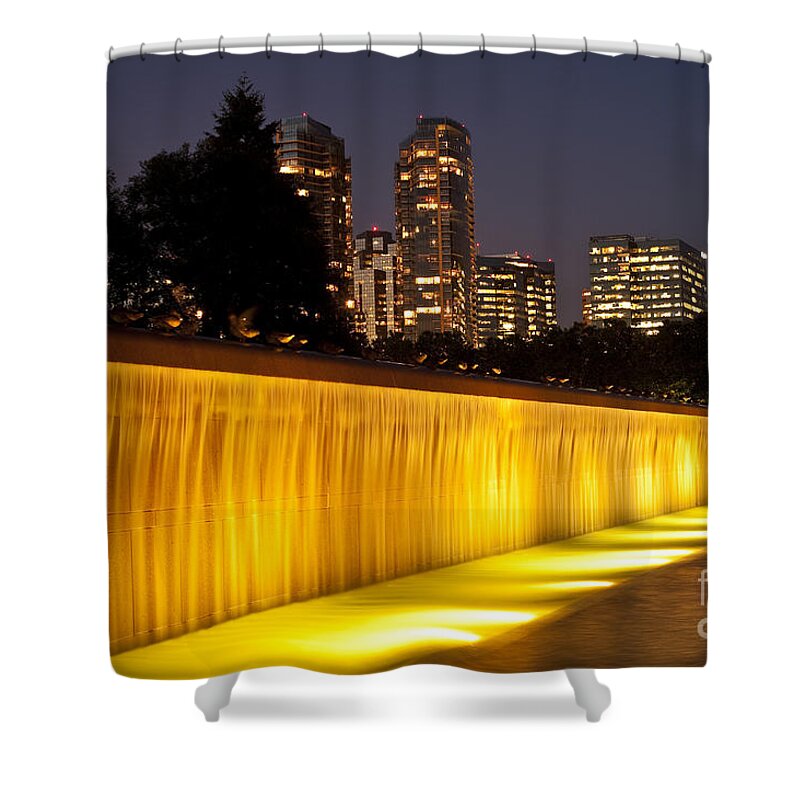 Bellevue Shower Curtain featuring the photograph Bellevue skyline from city park with fountain and waterfall at s #14 by Jim Corwin