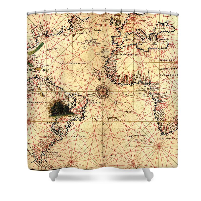 World Shower Curtain featuring the painting 1544 World Map by Joan Olivo