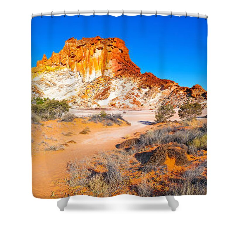 Rainbow Valley Outback Landscape Central Australia Australian Northern Territory Panorama Panoramic Clay Pan Dry Arid Shower Curtain featuring the photograph Rainbow Valley #17 by Bill Robinson