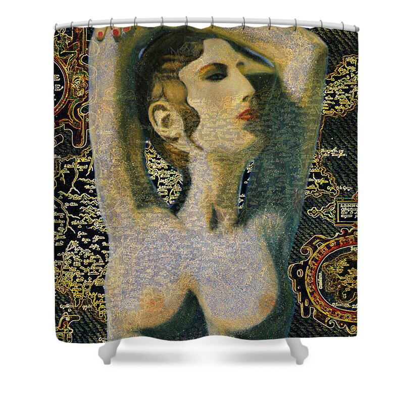 Augusta Stylianou Shower Curtain featuring the digital art Ancient Cyprus Map and Aphrodite by Augusta Stylianou