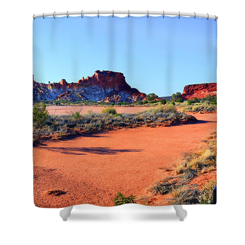 Rainbow Valley Outback Landscape Central Australia Australian Northern Territory Panorama Panoramic Clay Pan Dry Arid Shower Curtain featuring the photograph Rainbow Valley #19 by Bill Robinson