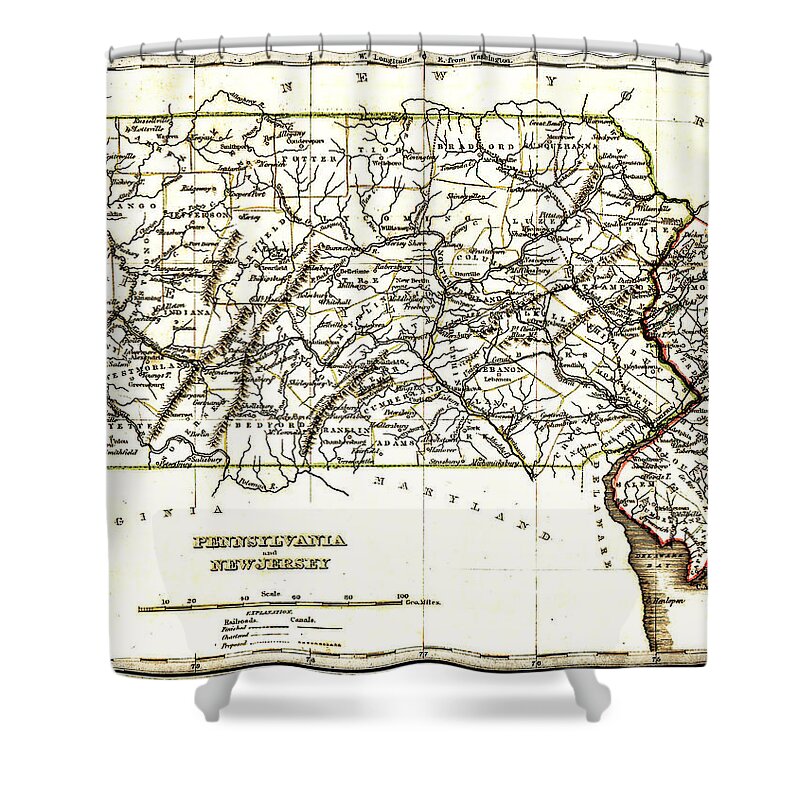1835 Pennsylvania And New Jersey Map Shower Curtain featuring the drawing 1835 Pennsylvania and New Jersey Map by Bill Cannon