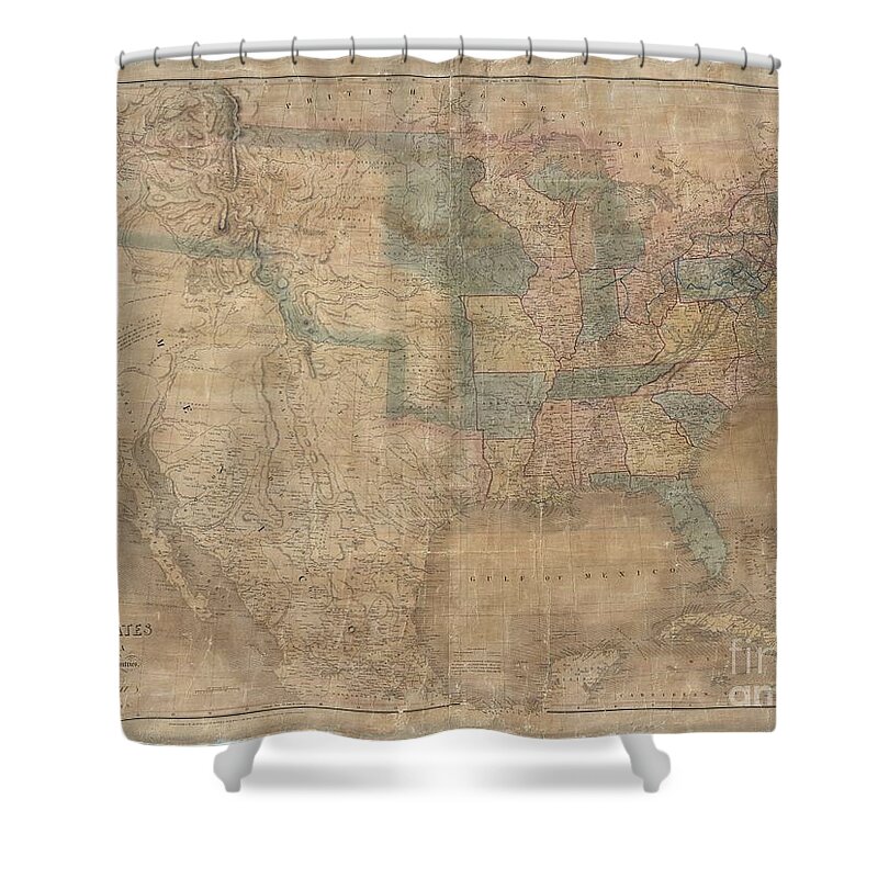 This Is David H. Burr's All But Unobtainable 1839 Wall Map Of The United States. Burr's Map Is An Accomplishment Of Staggering Significance And Is Considered The Culmination Of One Of The Most Dramatic And Romantic Periods In The Mapping Of The American West. It Is Further One Of The Most Significant Maps In The Opening Of The American West To The Gold Rush That Shower Curtain featuring the photograph 1839 Burr Wall Map of the United States by Paul Fearn