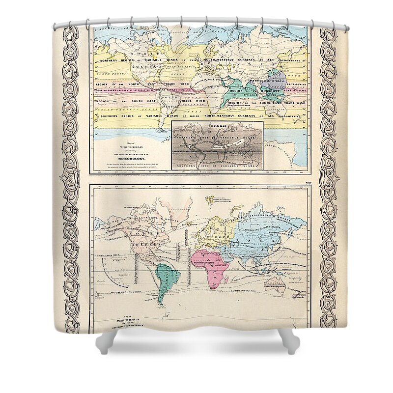 1855 Shower Curtain featuring the photograph 1855 Antique World Maps Illustrating Principal Features of Meteorology Rain and Principal Plants by Karon Melillo DeVega