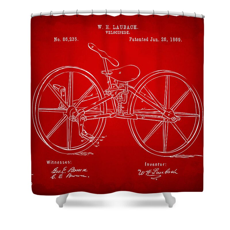 Bicycle Shower Curtain featuring the digital art 1869 Velocipede Bicycle Patent Artwork Red by Nikki Marie Smith
