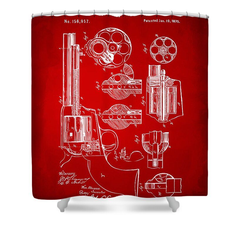 Colt 45 Shower Curtain featuring the digital art 1875 Colt Peacemaker Revolver Patent Red by Nikki Marie Smith
