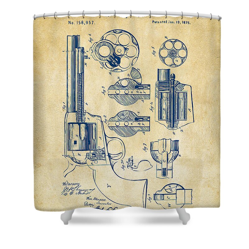 Colt Shower Curtain featuring the digital art 1875 Colt Peacemaker Revolver Patent Vintage by Nikki Marie Smith