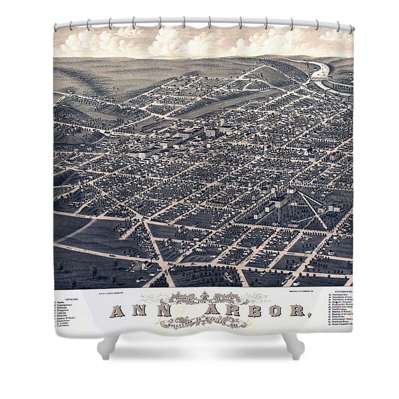 Ann Arbor Shower Curtain featuring the photograph 1880 Birds Eye Map of Ann Arbor by Stephen Stookey