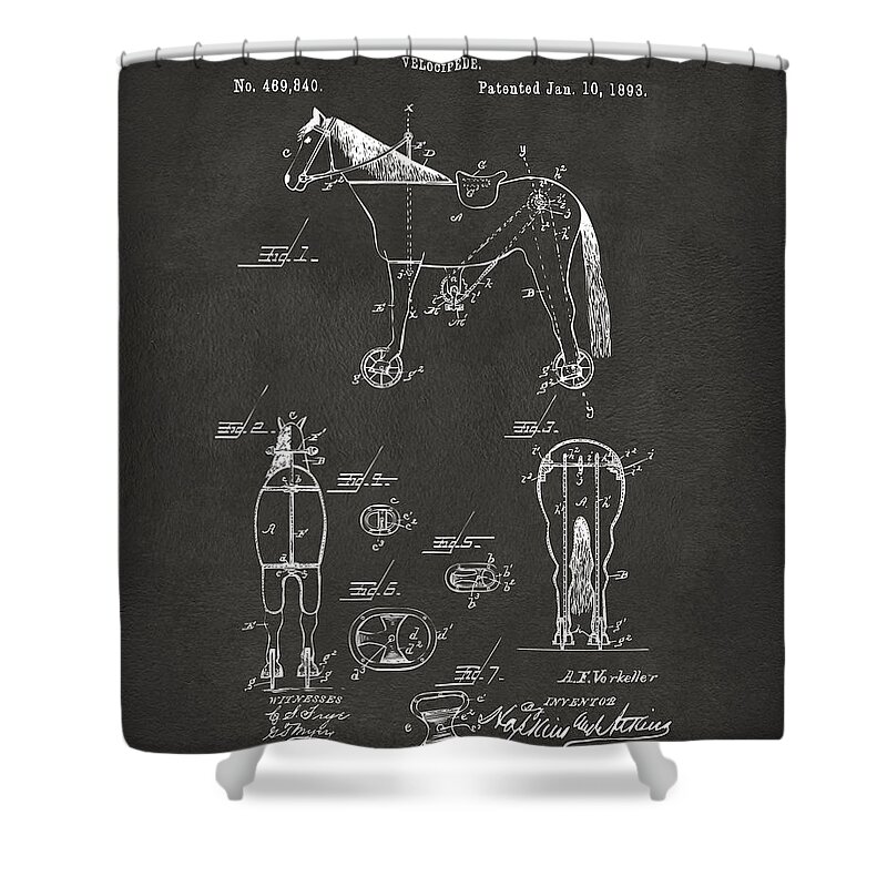 Bicycle Shower Curtain featuring the digital art 1893 Velocipede Horse-Bike Patent Artwork Gray by Nikki Marie Smith