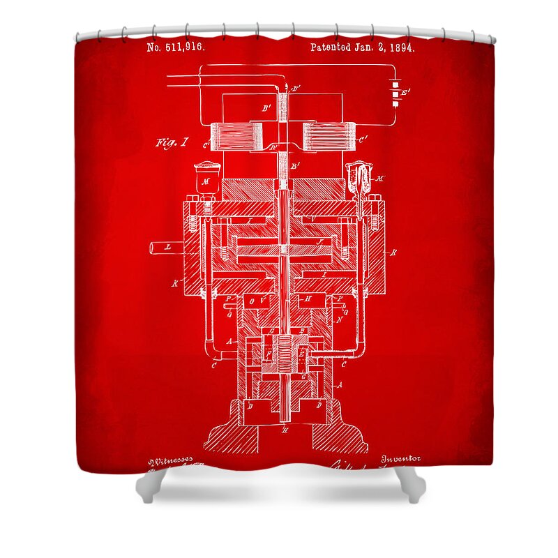Tesla Shower Curtain featuring the digital art 1894 Tesla Electric Generator Patent Red by Nikki Marie Smith