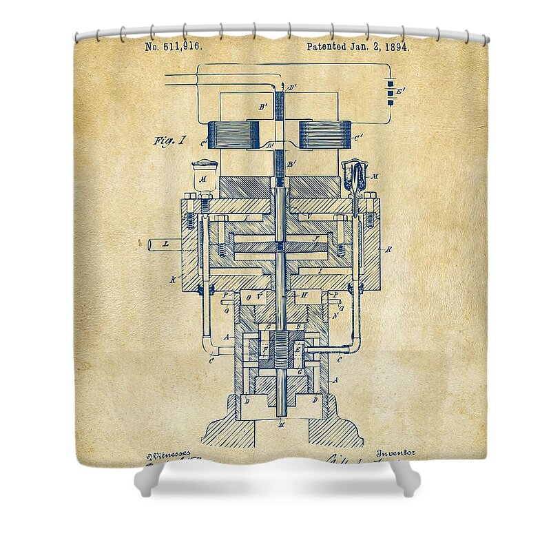 Tesla Shower Curtain featuring the digital art 1894 Tesla Electric Generator Patent Vintage by Nikki Marie Smith