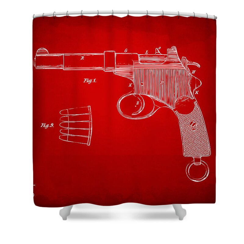 Gun Shower Curtain featuring the digital art 1897 Mannlicher Pistol Patent Minimal - Red by Nikki Marie Smith