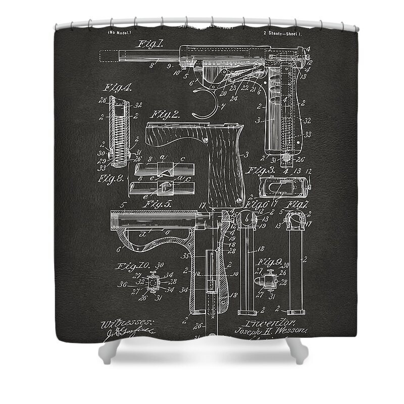 Wesson Pistol Shower Curtain featuring the digital art 1898 Wesson Magazine Pistol Patent Artwork - Gray by Nikki Marie Smith