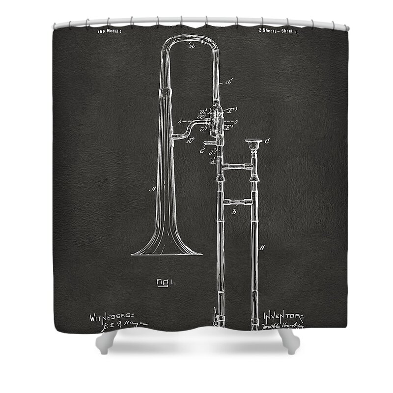 Trombone Shower Curtain featuring the digital art 1902 Slide Trombone Patent Artwork - Gray by Nikki Marie Smith