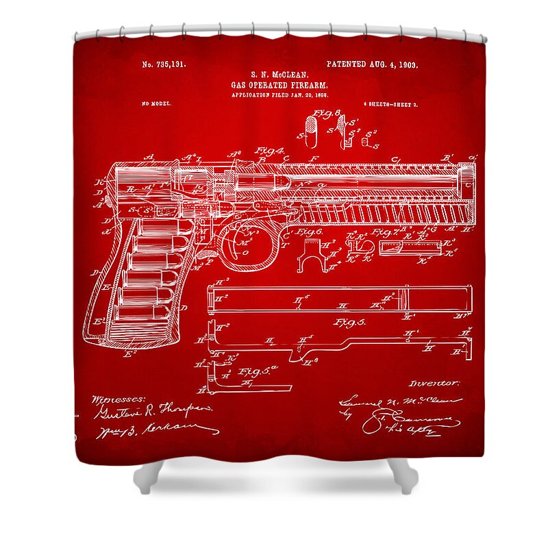 Gun Shower Curtain featuring the digital art 1903 McClean Pistol Patent Artwork - Red by Nikki Marie Smith