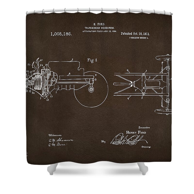 Henry Ford Shower Curtain featuring the digital art 1911 Henry Ford Transmission Patent Espresso by Nikki Marie Smith