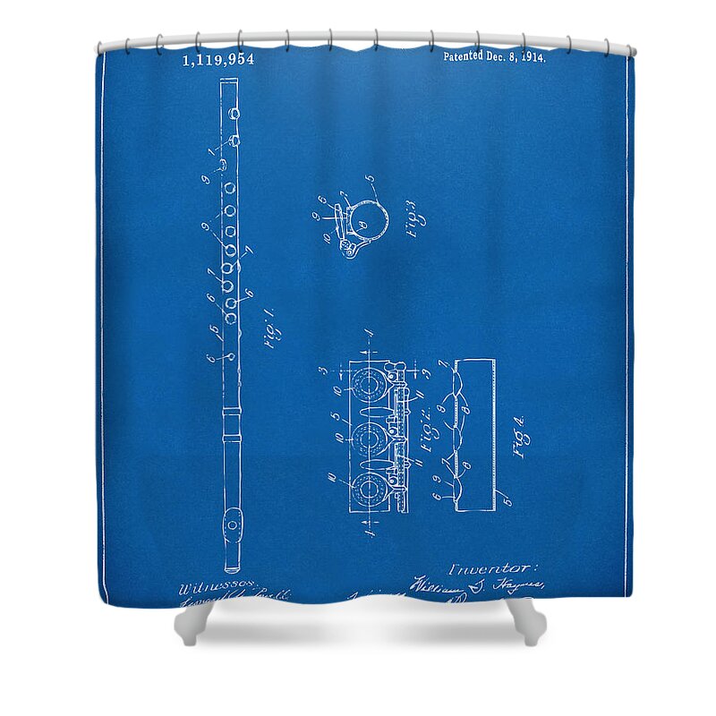 Flute Shower Curtain featuring the digital art 1914 Flute Patent - Blueprint by Nikki Marie Smith