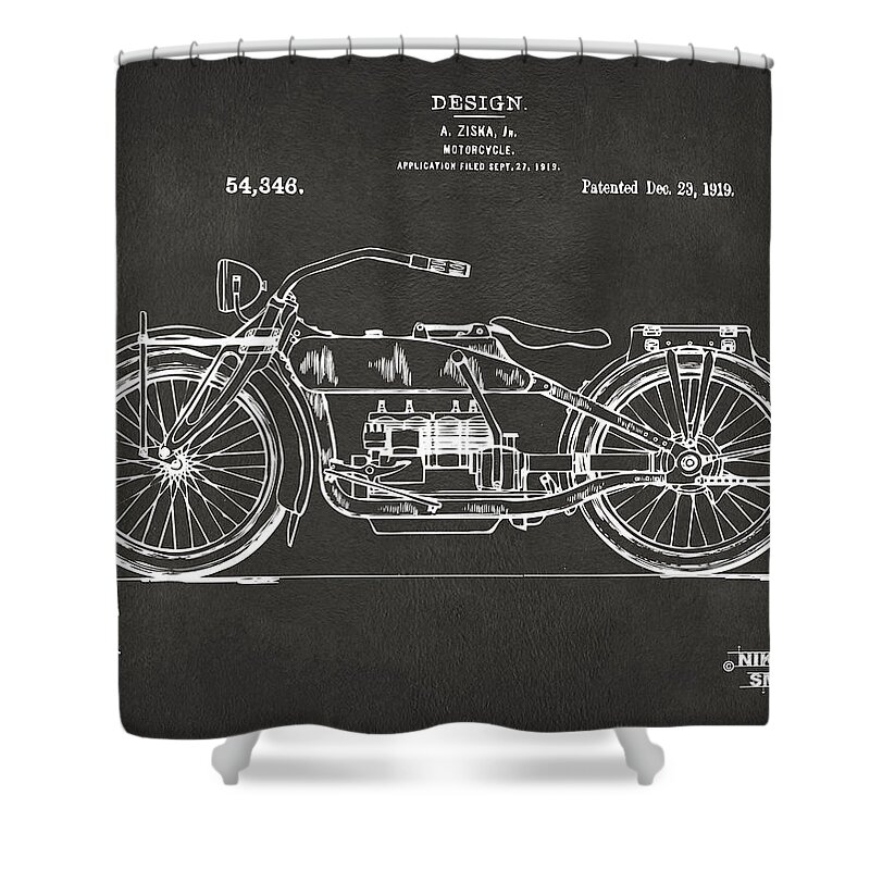 Harley Shower Curtain featuring the digital art 1919 Motorcycle Patent Artwork - Gray by Nikki Marie Smith