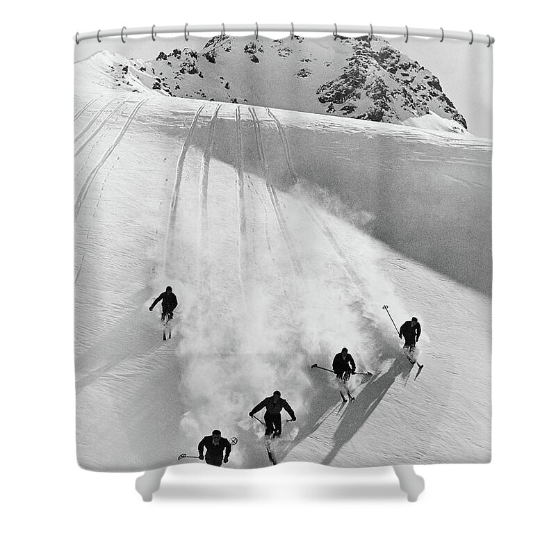 Photography Shower Curtain featuring the photograph 1920s 1930s Five Anonymous Men Skiing by Vintage Images