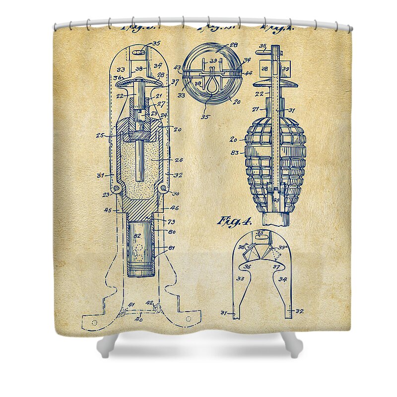 Explosive Missle Shower Curtain featuring the digital art 1921 Explosive Missle Patent Minimal Vintage by Nikki Marie Smith