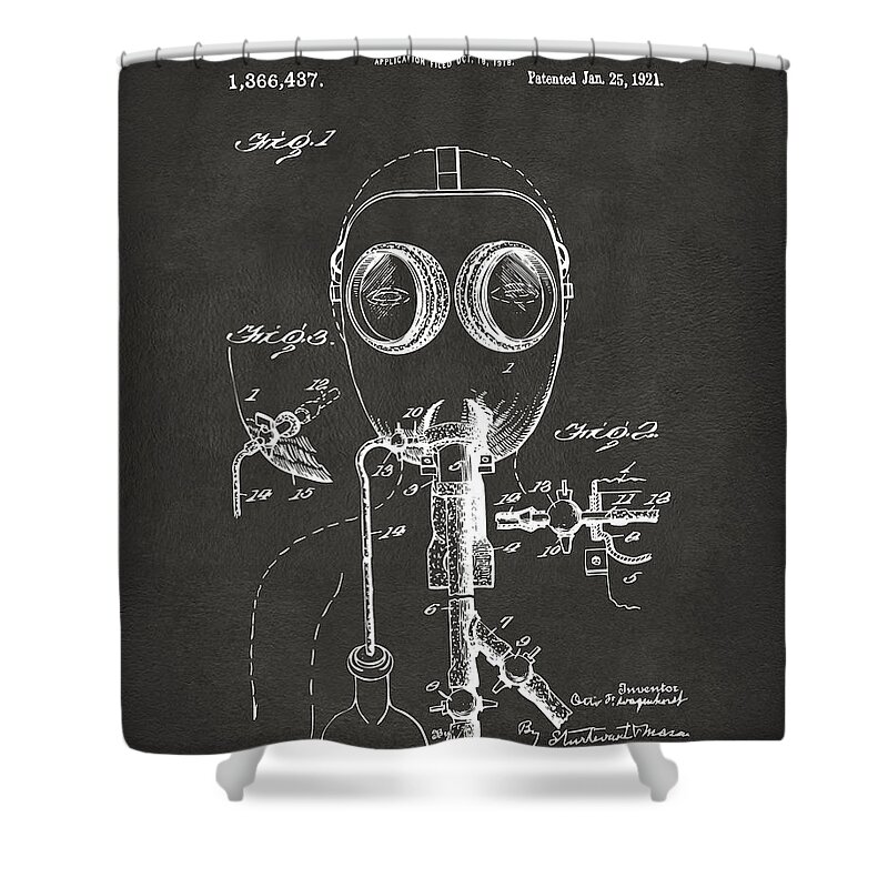 Gas Mask Shower Curtain featuring the digital art 1921 Gas Mask Patent Artwork - Gray by Nikki Marie Smith