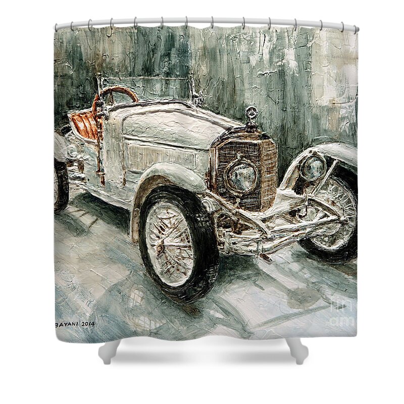 Mercedes Benz Shower Curtain featuring the painting 1923 Mercedes PS Sport- Zweisitzer by Joey Agbayani