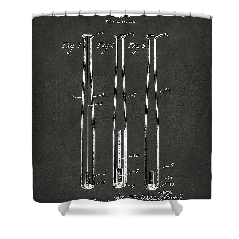 Baseball Bat Shower Curtain featuring the digital art 1924 Baseball Bat Patent Artwork - Gray by Nikki Marie Smith