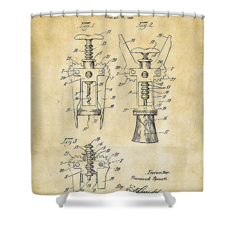 Corkscrew Shower Curtain featuring the digital art 1928 Cork Extractor Patent Art - Vintage Black by Nikki Marie Smith