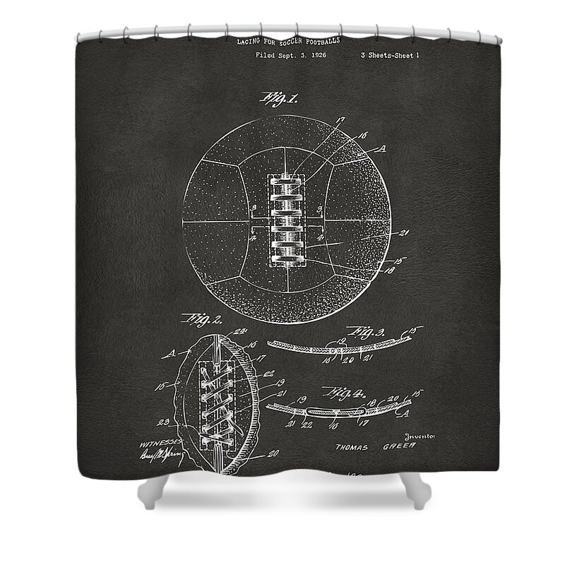 Soccer Shower Curtain featuring the digital art 1928 Soccer Ball Lacing Patent Artwork - Gray by Nikki Marie Smith