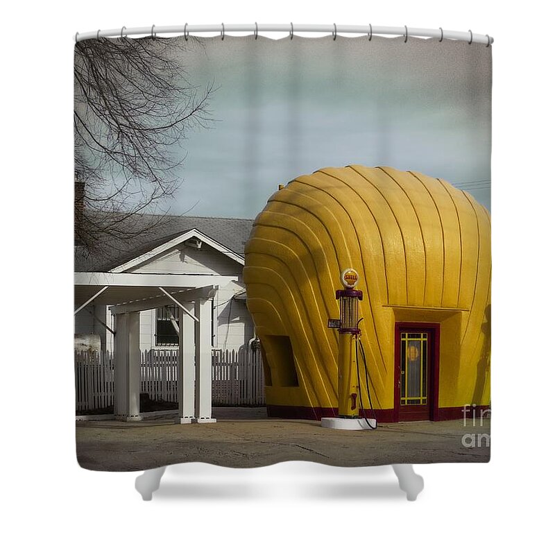 Vintage Shower Curtain featuring the photograph 1930 Shell Station by Dawn Gari