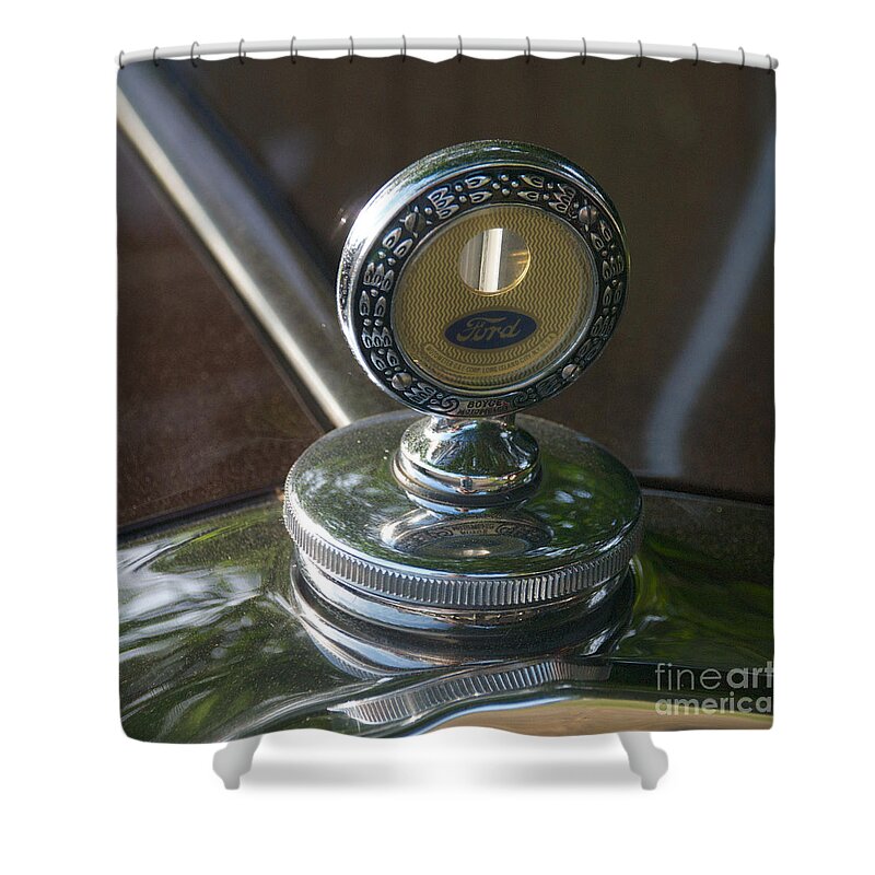 4th Annual Shower Curtain featuring the photograph 1931 Ford Coupe Hood Ornament by Mark Dodd