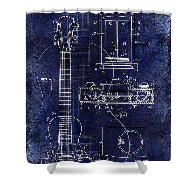 Les Paul Shower Curtain featuring the photograph 1937 Gibson Electric Guitar Patent Drawing Blue by Jon Neidert