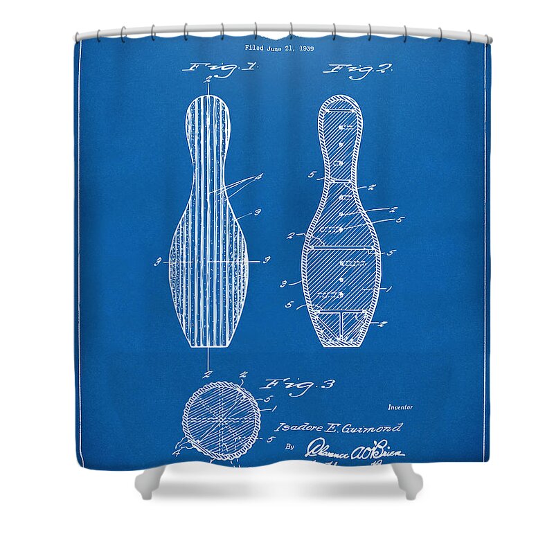 Bowling Shower Curtain featuring the digital art 1939 Bowling Pin Patent Artwork - Blueprint by Nikki Marie Smith