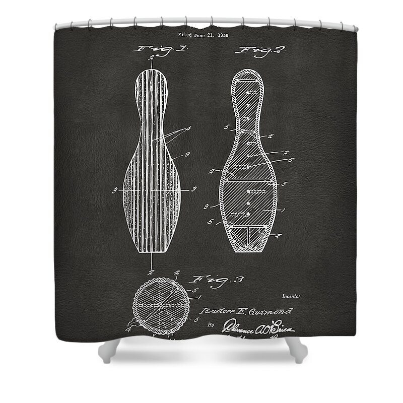 Bowling Shower Curtain featuring the digital art 1939 Bowling Pin Patent Artwork - Gray by Nikki Marie Smith