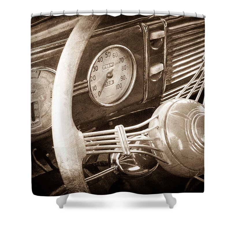 1939 Ford Deluxe Steering Wheel Shower Curtain featuring the photograph 1939 Ford Deluxe Steering Wheel by Jill Reger