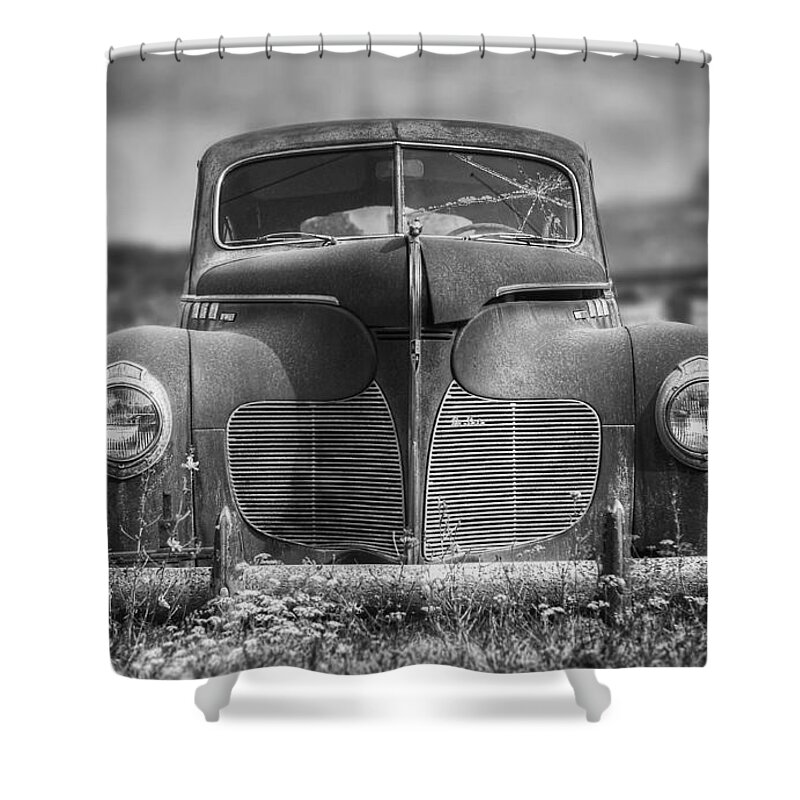 Desoto Shower Curtain featuring the photograph 1940 DeSoto Deluxe Black and White by Scott Norris