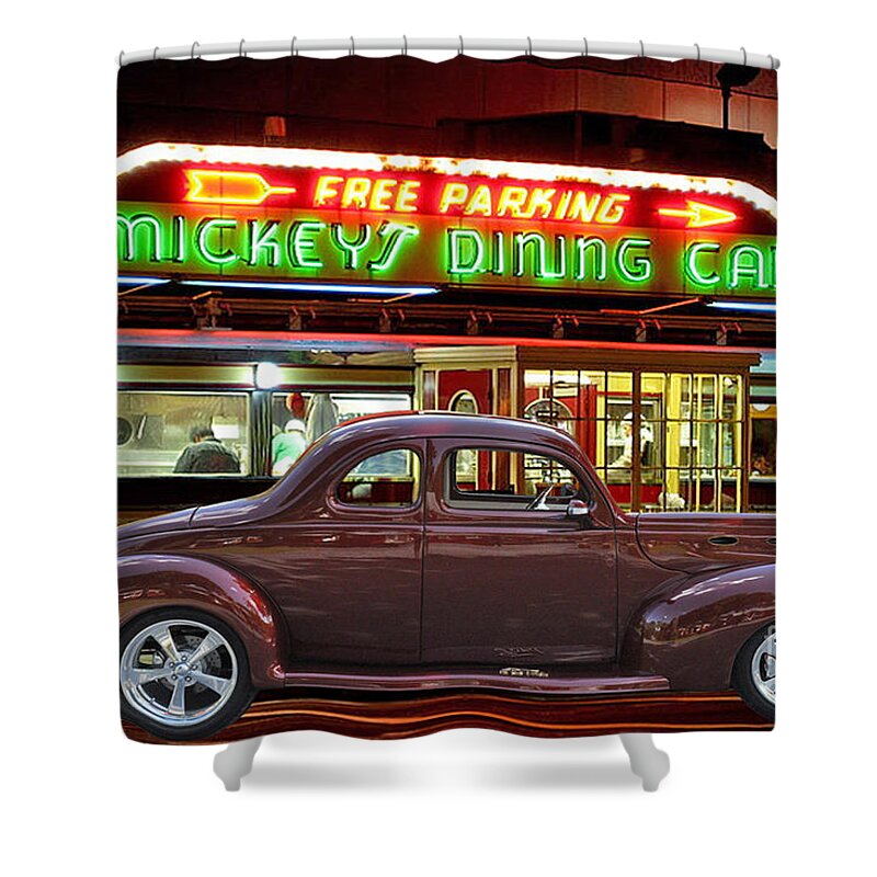 Old Shower Curtain featuring the photograph 1940 Ford Deluxe Coupe at Mickeys Dinner by Gary Keesler