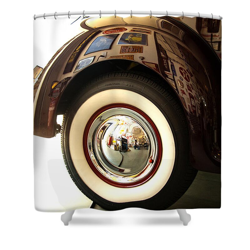 Classic 1940 Ford Fine Art Photography Photographs Shower Curtain featuring the photograph Classic Maroon 1940 Ford Rear Fender and Wheel  by Jerry Cowart