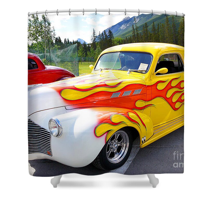 Vintage Shower Curtain featuring the photograph 1940 Pontiac Coupe Breathing Fire by Brenda Kean