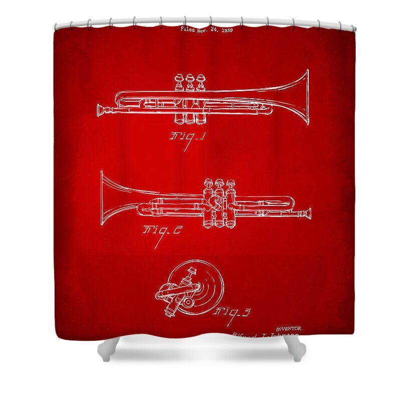 Trumpet Shower Curtain featuring the digital art 1940 Trumpet Patent Artwork - Red by Nikki Marie Smith