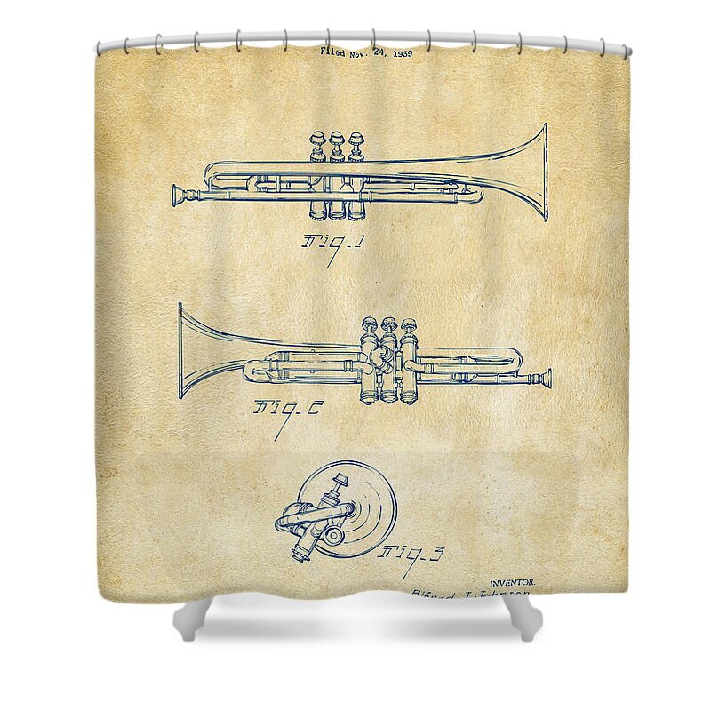 Trumpet Shower Curtain featuring the drawing 1940 Trumpet Patent Artwork - Vintage by Nikki Marie Smith